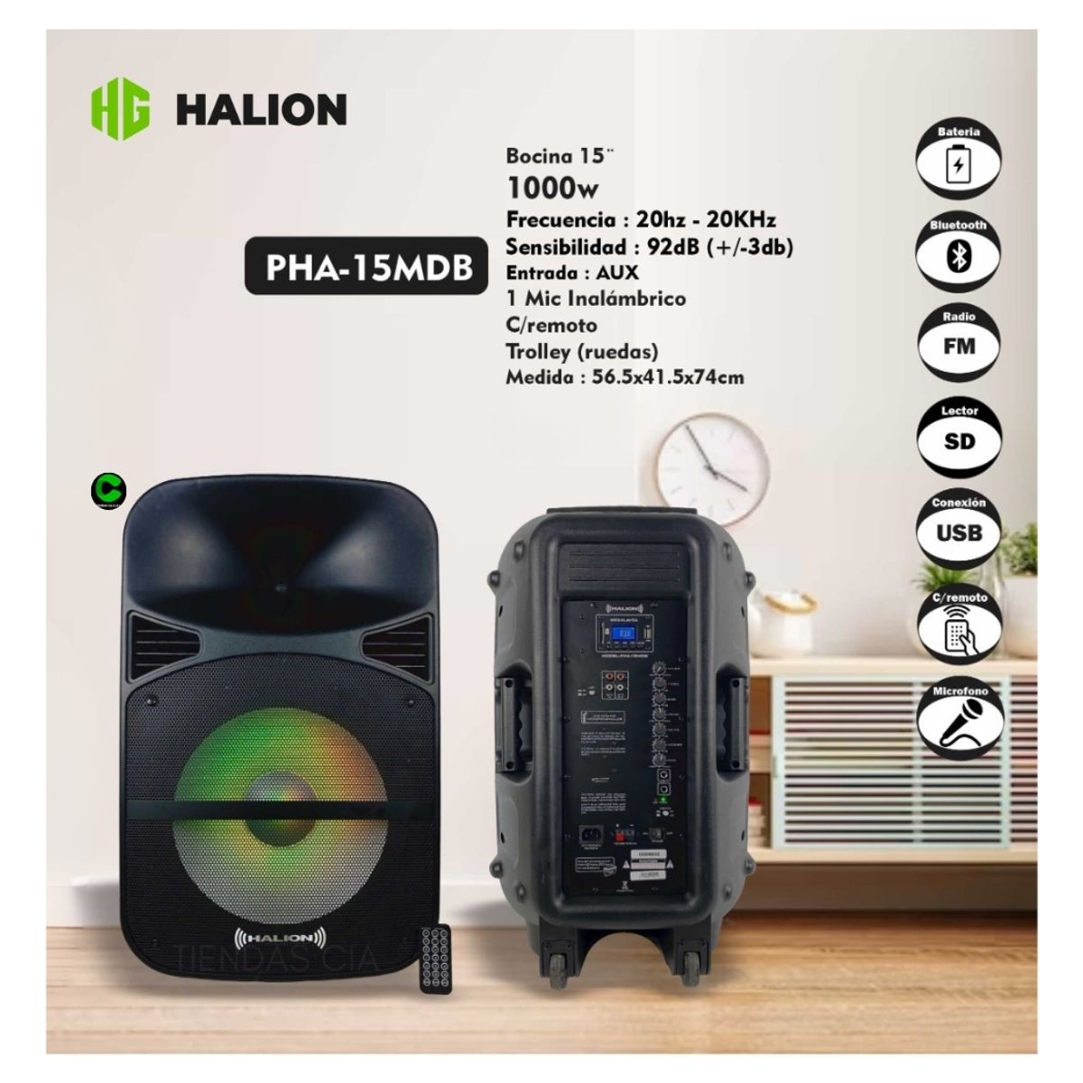 HALION - PARLANTE ACTIVO HALION 1000W PMPO MICROFONO JACK 20HZ PN PHA-15MDB