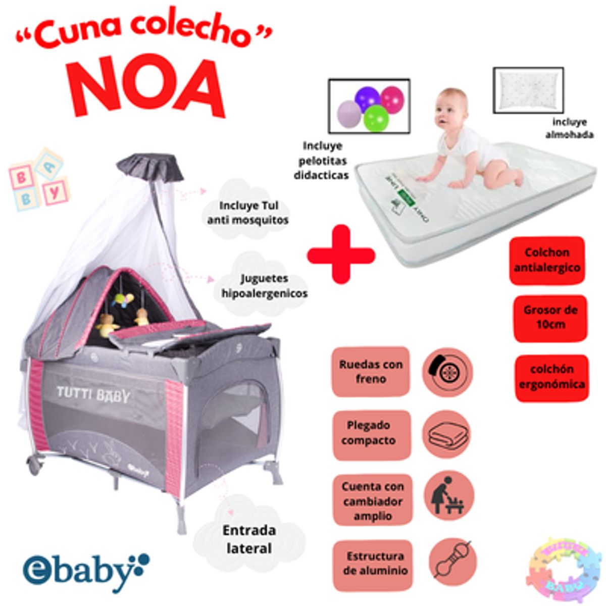 EBABY - CUNA CORRAL EBABY NOA  + COLCHON  ANTIALERGICO - ROJO