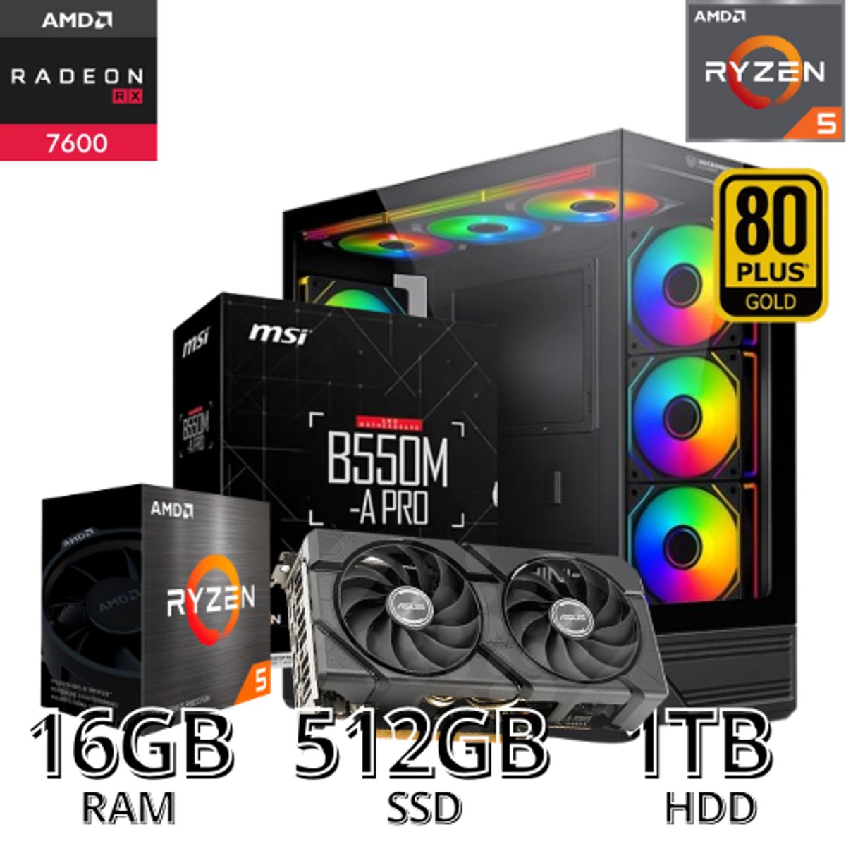 AMD - PC GAMER AMD RYZEN 5 / 16GB RAM/ 512GB SSD + 1TB HDD/ RX 7600 8GB