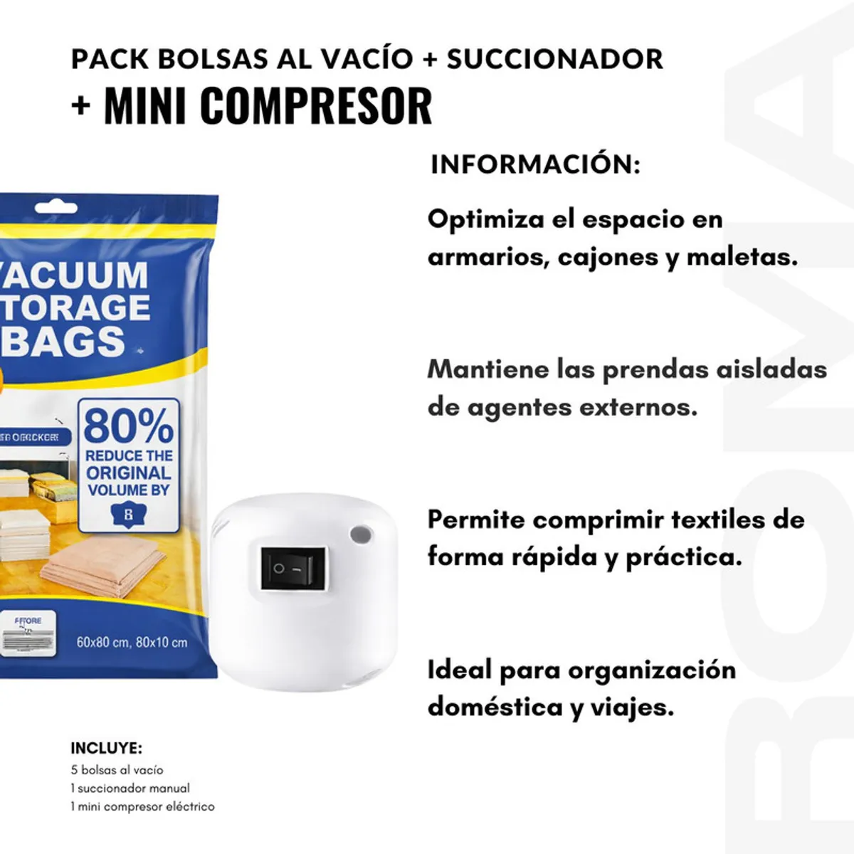 GENERICO - PACK 5 BOLSAS AL VACÍO + SUCCIONADOR + MINI COMPRESOR