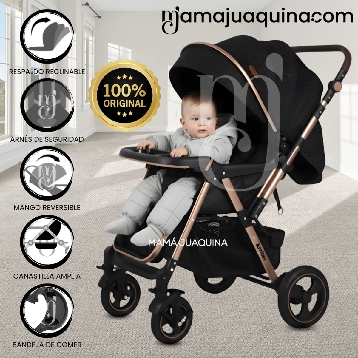Baby - Coche Cuna de Lujo «AMBER» Mango Reversible Black