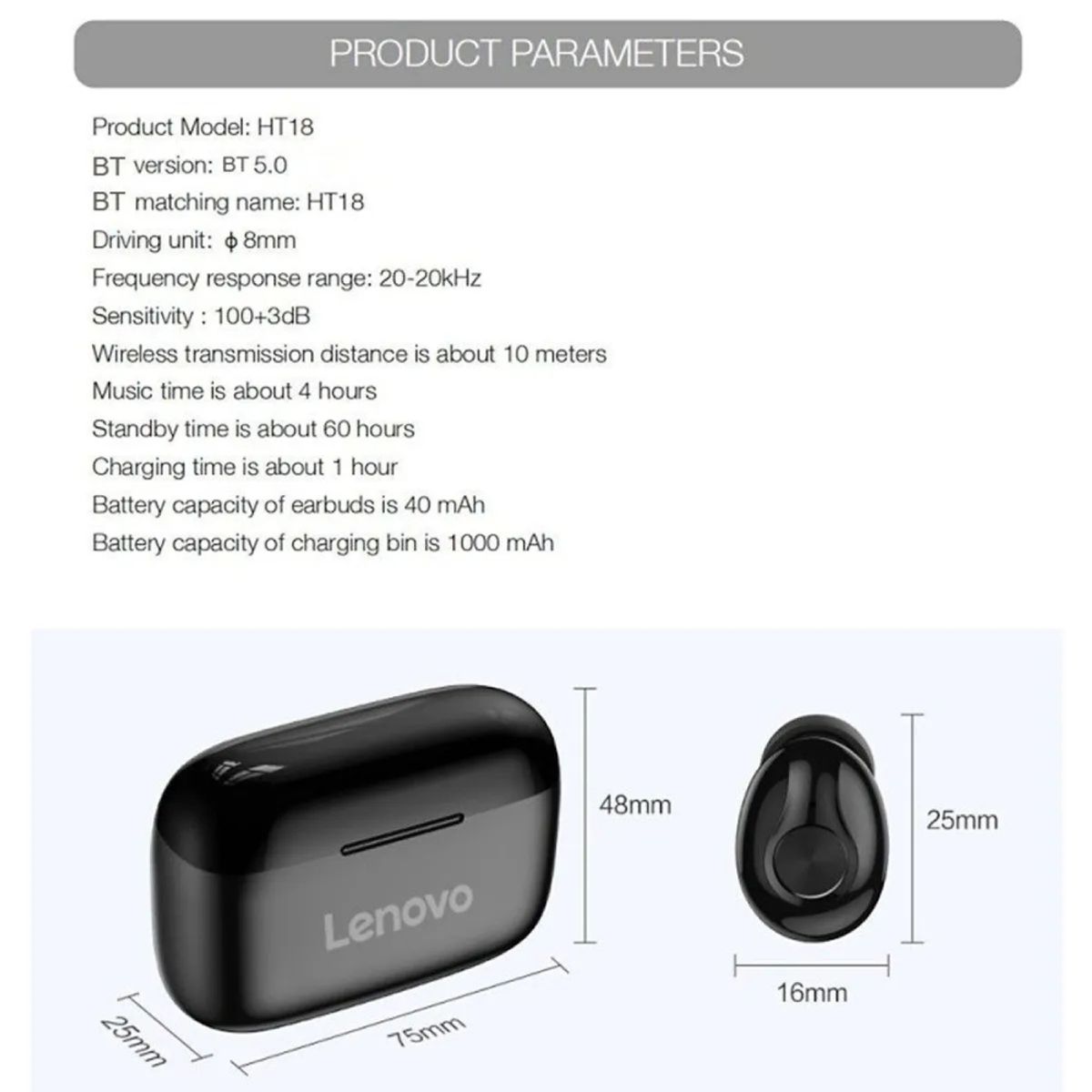 LENOVO - FU Audifono Inalambrico Lenovo Ht18 Earbuds Negro Bluetooth