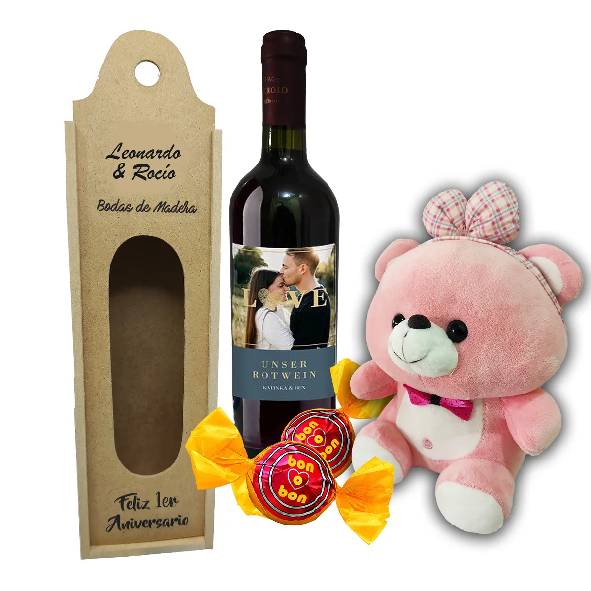 M MATIX SHOP - Regalos Personalizados San Valentín - Regalos para Parejas - Vino + Peluche + Chocos