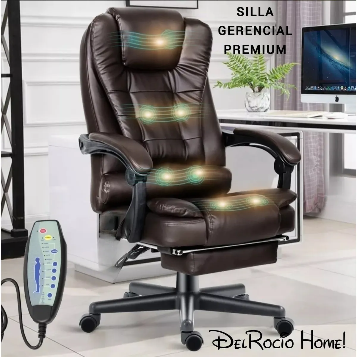 GENERICO - SILLA DE ESCRITORIO 7 MASAJEADOR GIRATORIO OFICINA GERENCIAL ERGONÓMICA RECLINABLE REPOSAPIES NEGRO