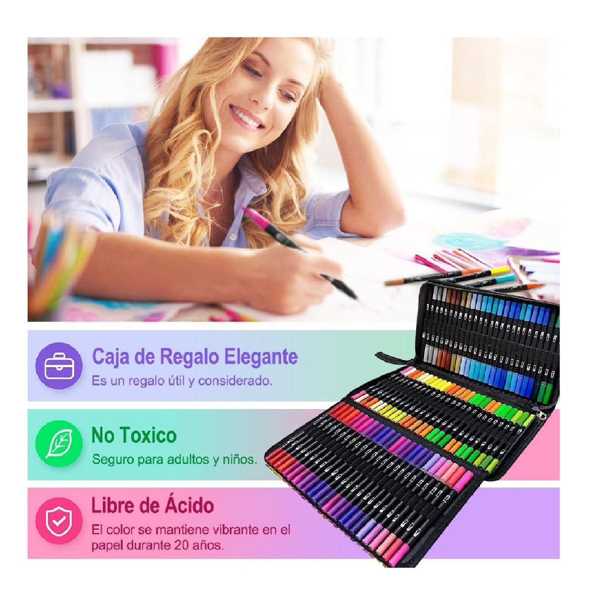 Plumones Dual Brush Profesional 100 Colores En Cartuchera, marca GENERICO - Foto 2