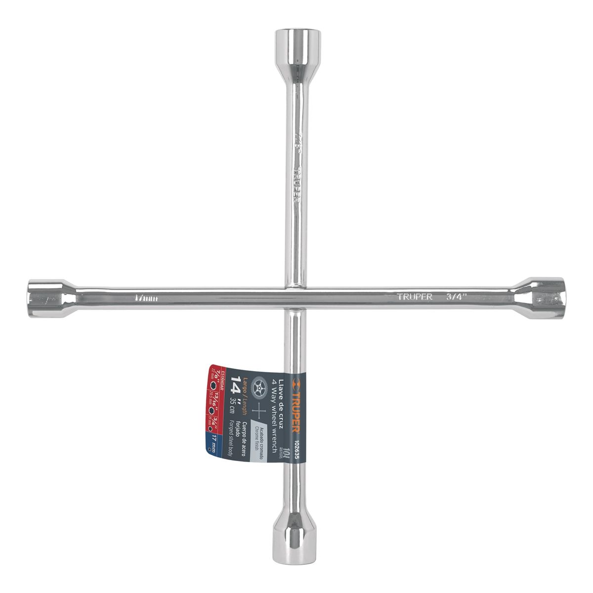 TRUPER - LLAVE DE CRUZ 14" PULIDA Y CROMADA, TRUPER 102635 - PAQUETE DE 9 UND