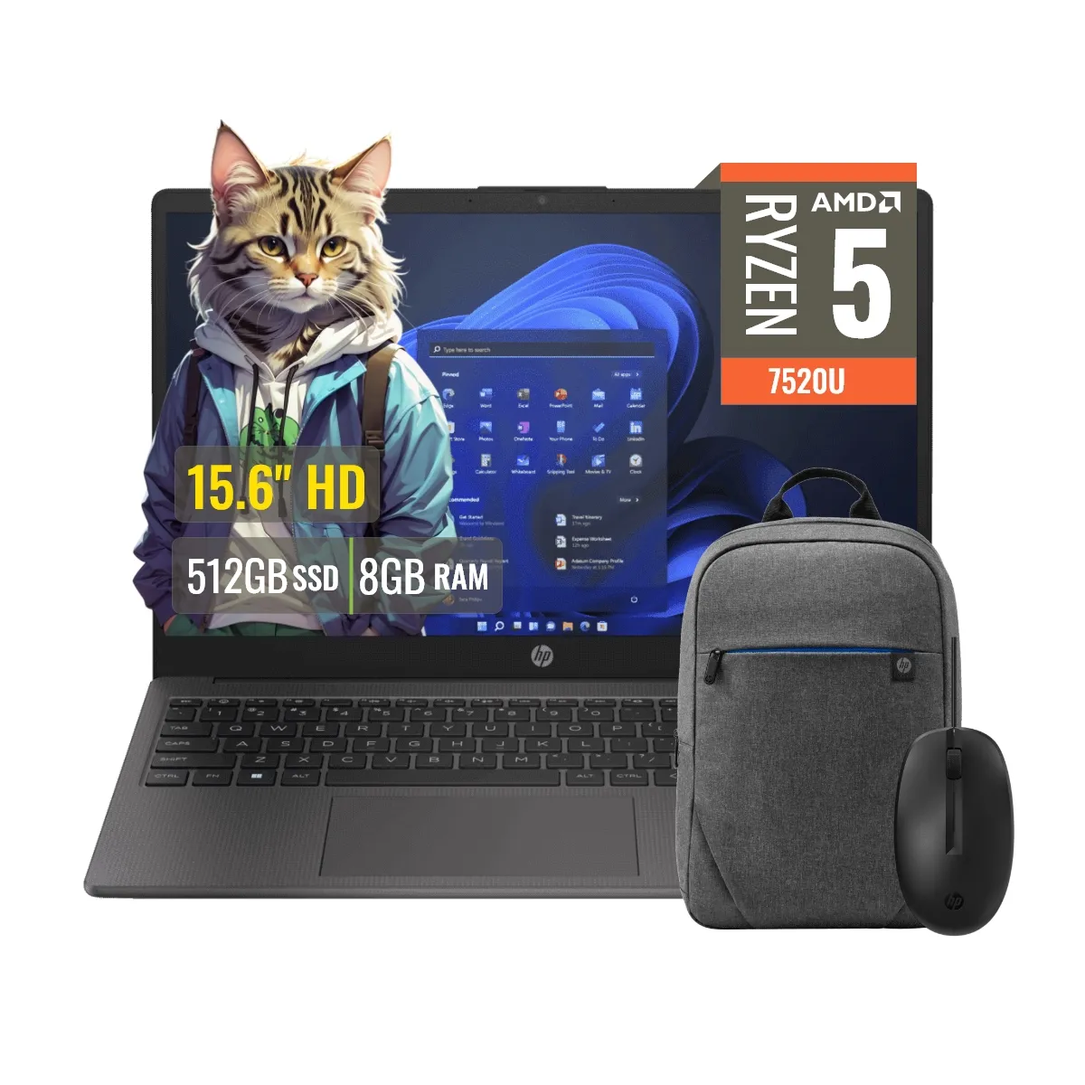 HP - Laptop HP 255 G10 RYZEN 5 7520U Pantalla 15.6, RAM 8GB, SSD 512GB +Mochila y Mouse