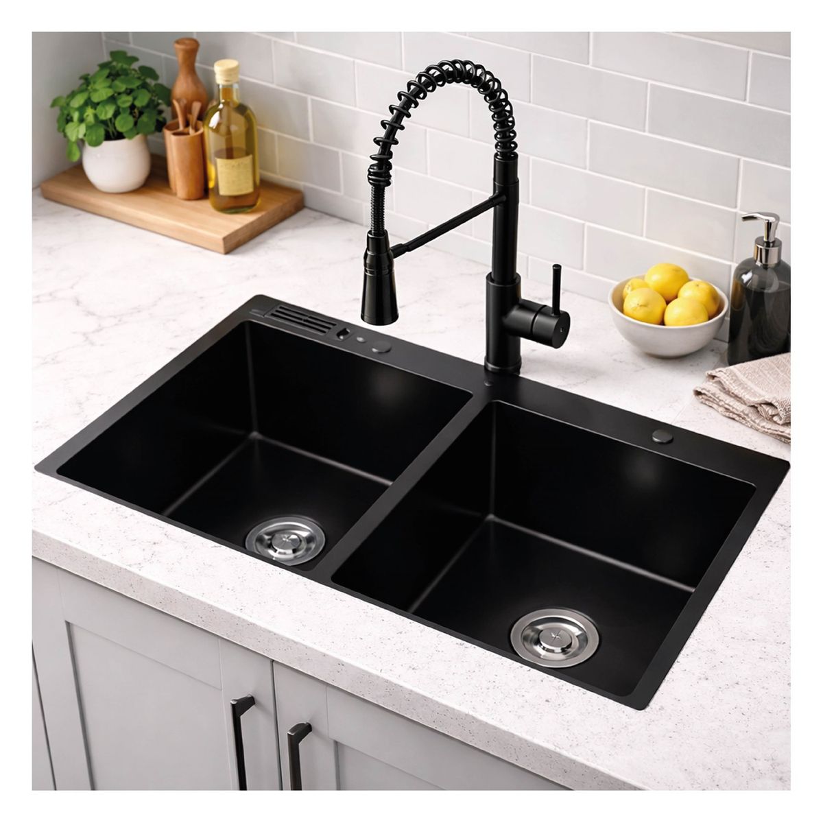 MAGIC - Lavadero de Cocina Acero Inoxidable 2 Pozas Negro 84x48 cm con porta cuchillo