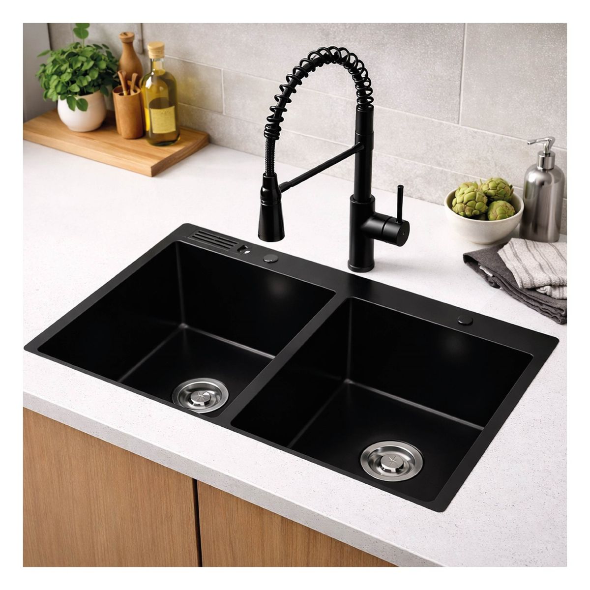 MAGIC - Lavadero de Cocina Acero Inoxidable 2 Pozas Negro 84x48 cm con porta cuchillo