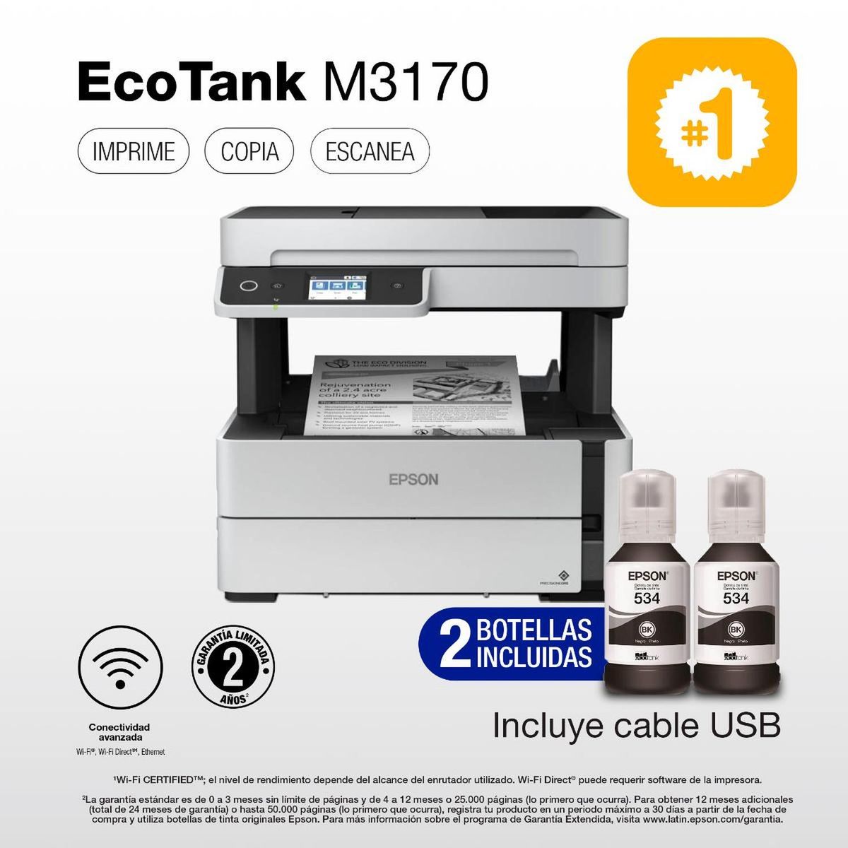 EPSON - Impresora EPSON Multifunción 4 en 1 EcoTank M3170 Wi-Fi ByN