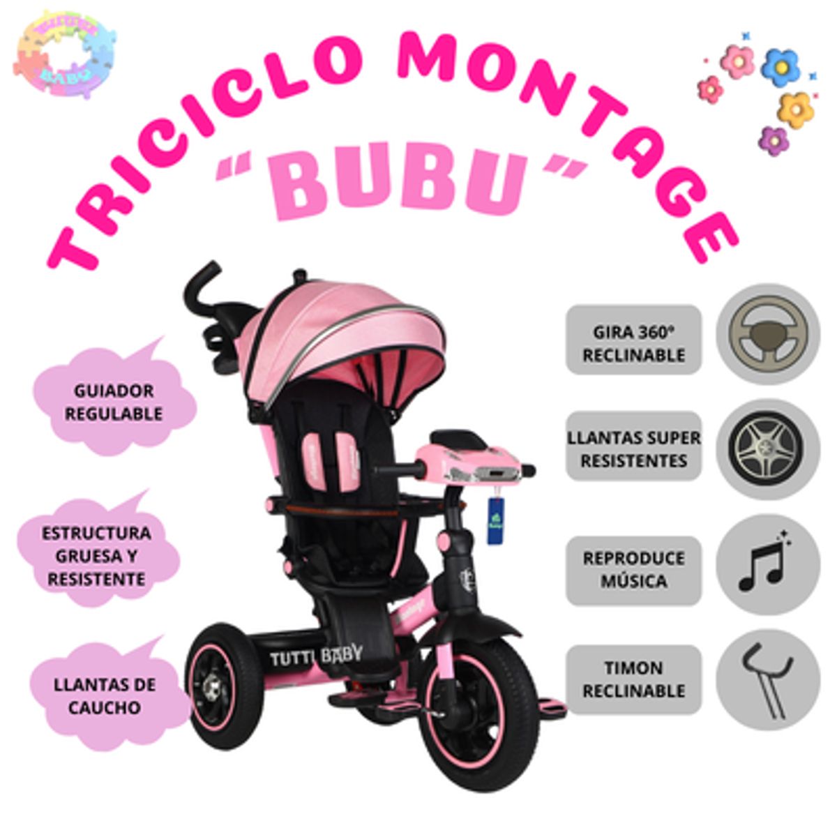 SPACE - TRICICLO MUSICAL CON ASIENTO GIRATORIO BUBU - ROSADO
