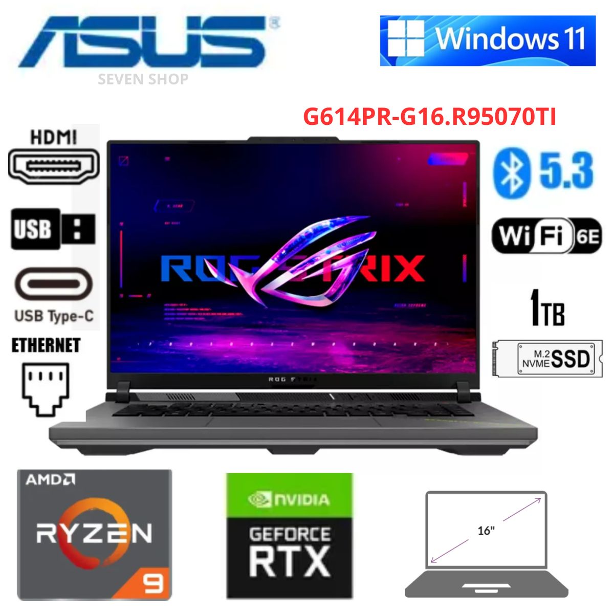 ASUS - Laptop Gamer ASUS ROG Strix G16 16", Ryzen 9 8940HX, 16GB RAM, 1TB SSD, RTX 5070 Ti 12GB, Windows 11