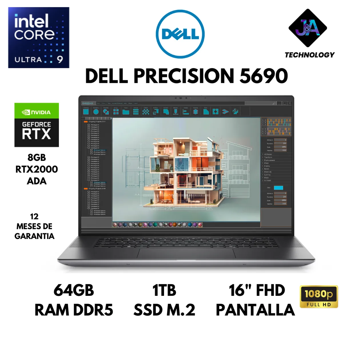 DELL - LAPTOP DELL PRECISION 5690 ULTRA 9 185H 64GB RAM 1TB SSD 8GB RTX2000 ADA 16" FHD WINDOWS 11 PRO