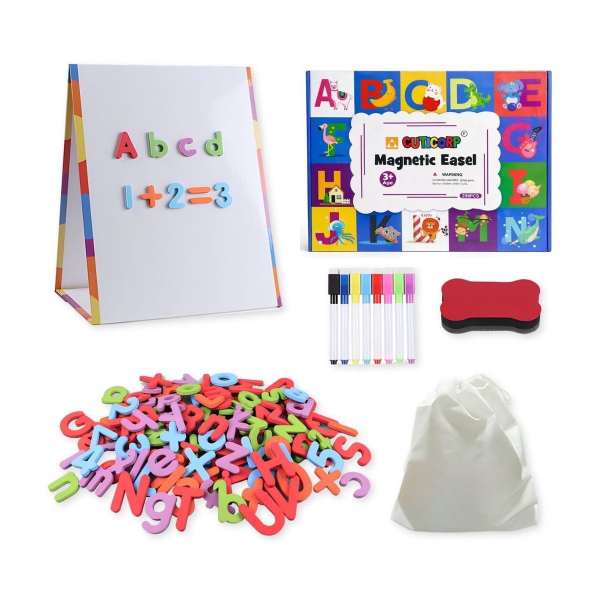 Kit Didáctico Infantil Pizarra Magnética Blanca Plegable Doble Cara con Letras y Números 259pcs, marca GENERICO - Foto Principal
