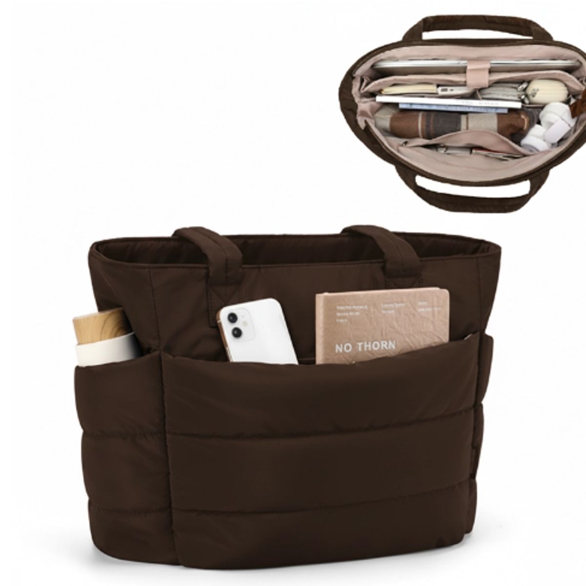 GENERICO - BOLSO PUFFER PORTALAPTOP PARA MUJER PREMIUM MARRON