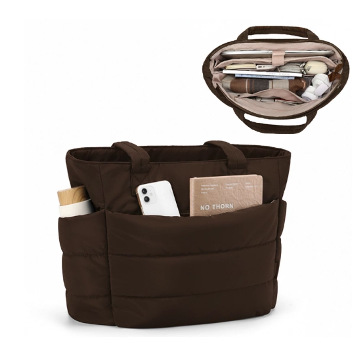 GENERICO - BOLSO PUFFER PORTALAPTOP PARA MUJER PREMIUM MARRON