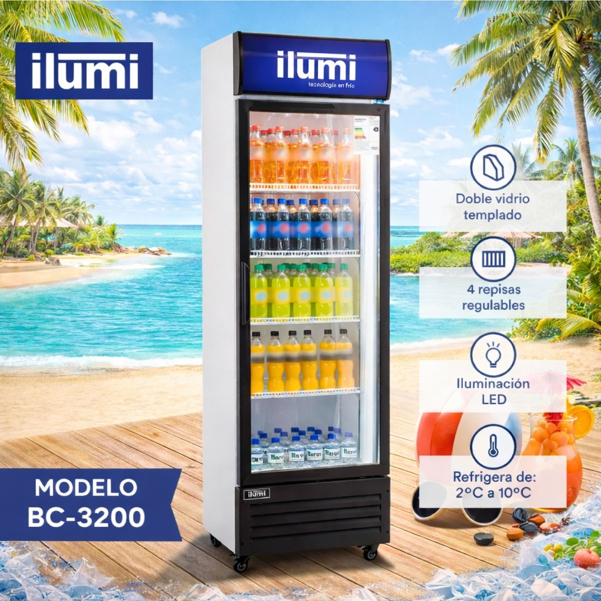 ILUMI - Exhibidor Ilumi Vertical 320 Lts 1 Puertas Vidrio Blanco - BC-3200