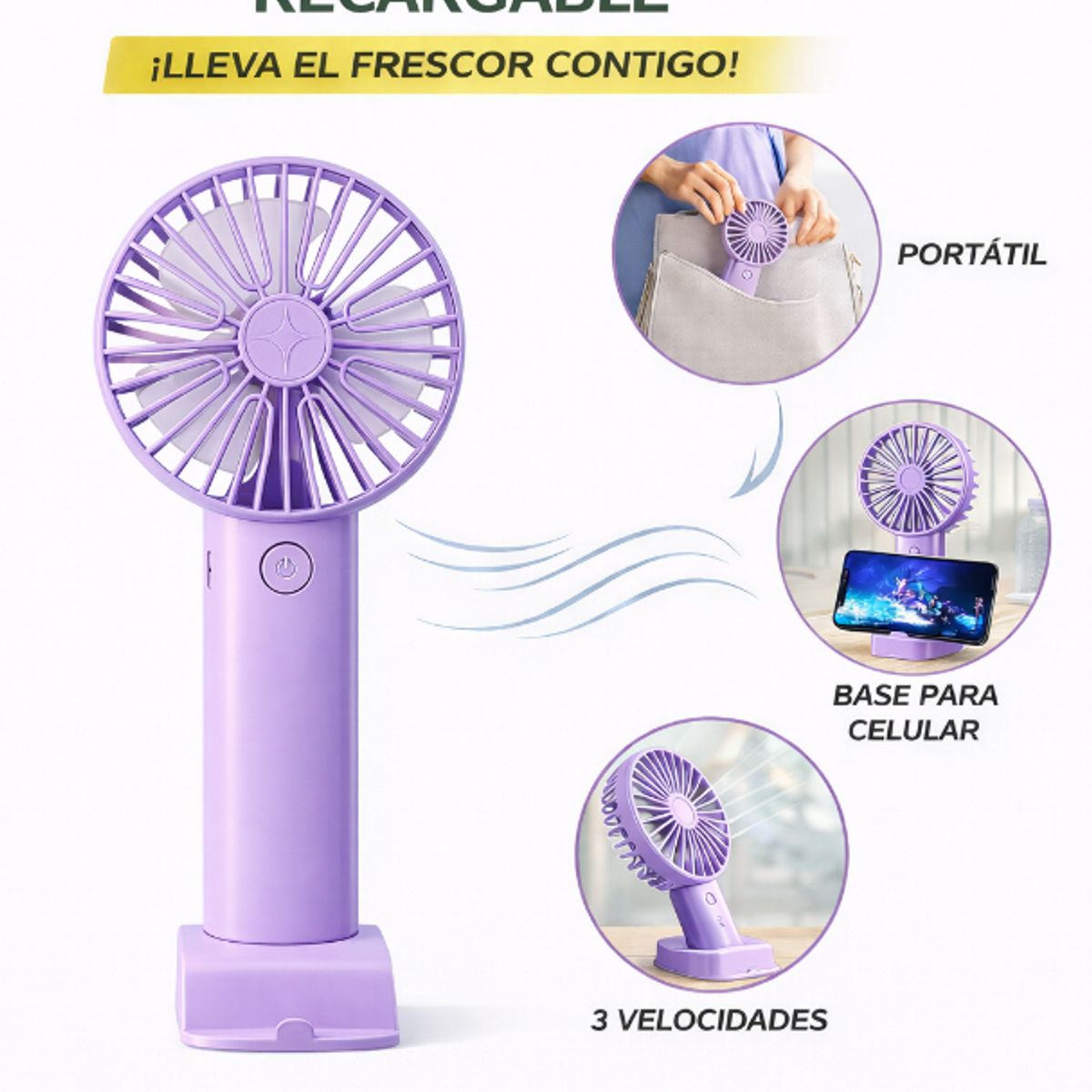 GENERICO - Mini Ventilador Lila Con Base Para Celular 3 Niveles Súper Fresco