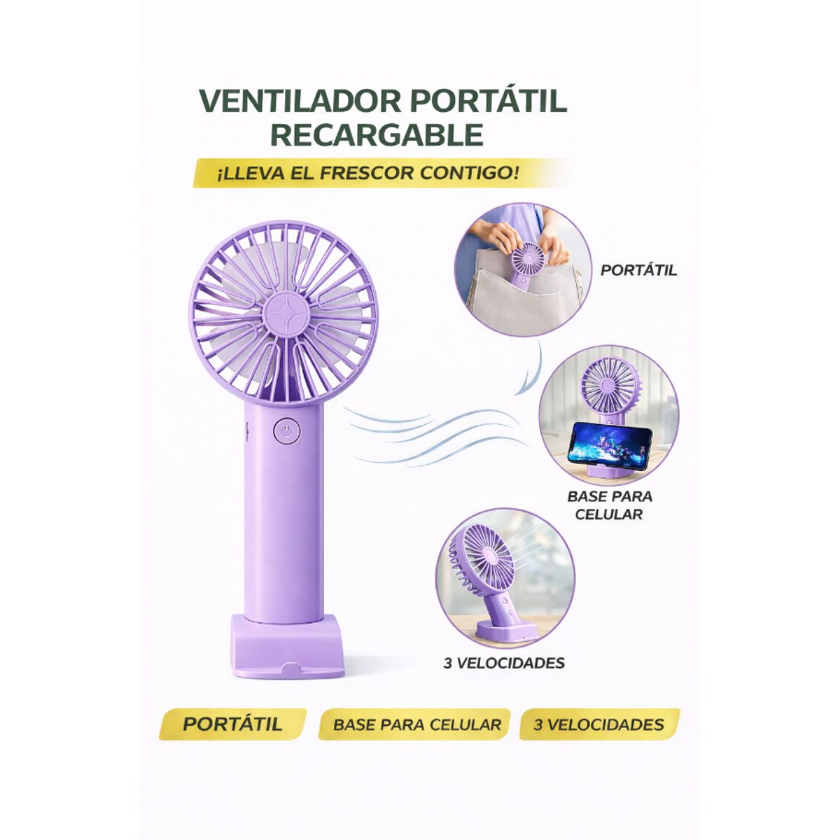 GENERICO - Mini Ventilador Lila Con Base Para Celular 3 Niveles Súper Fresco