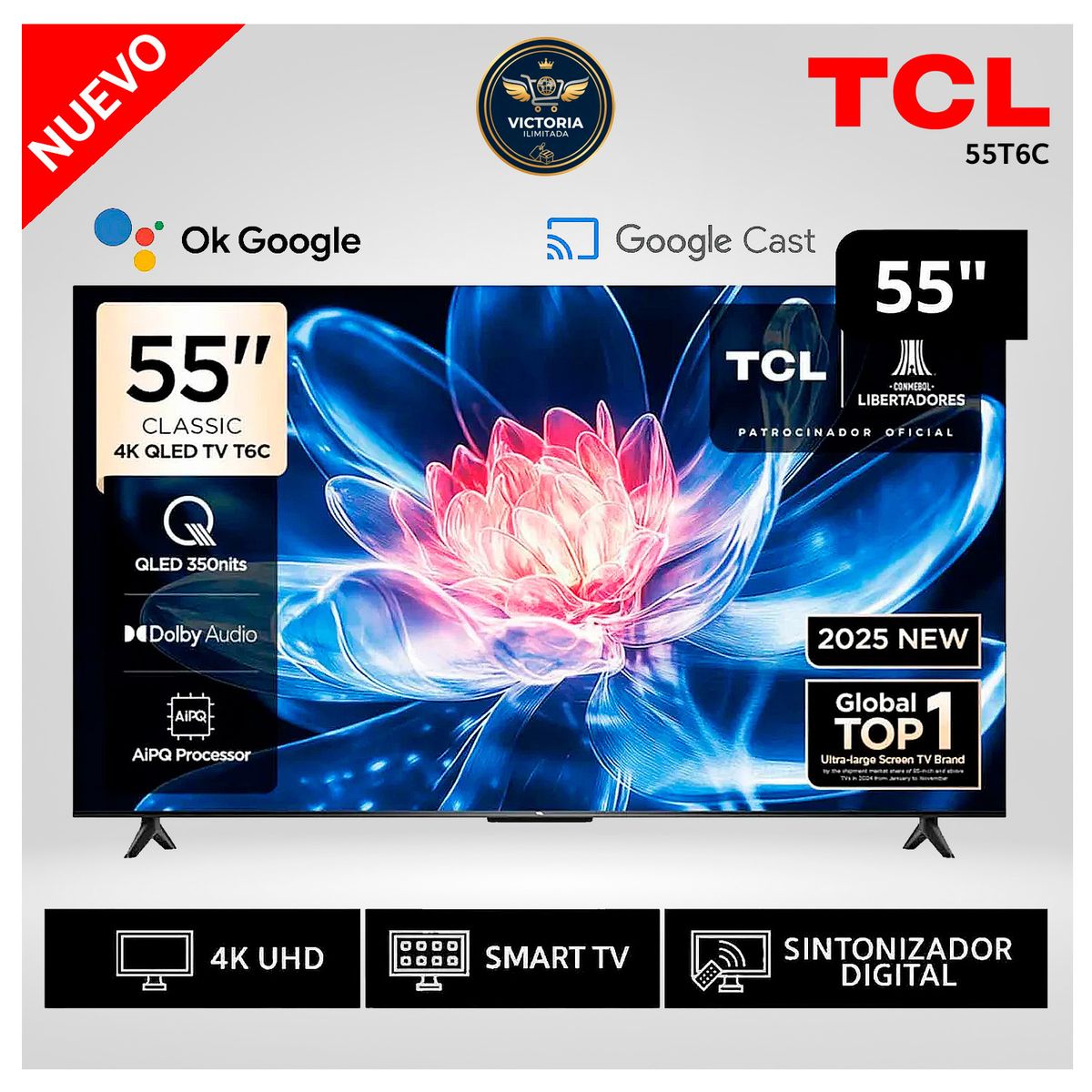 TCL - Televisor TCL 55 QLED Smart UHD 4K Google Tv 55T6C Modelo Nuevo