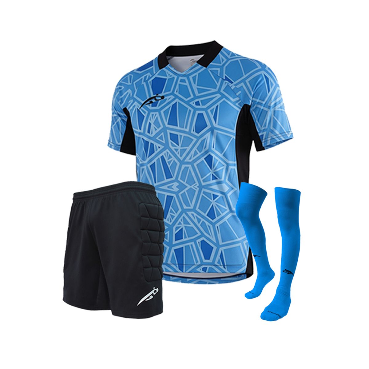 GENERICO - Kit Uniforme Arquero Fútbol Celeste 3 Piezas Camiseta Sublimada Short Acolchado Medias