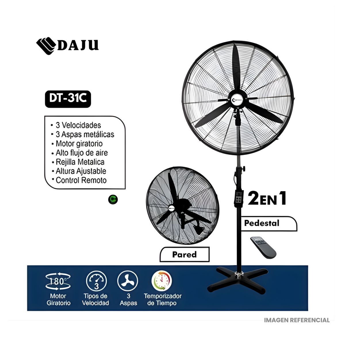 TREVELY - Ventilador Industrial DAJU 30" 2 en 1 (Pedestal y Pared) 230W con Control Remoto - DT-31C