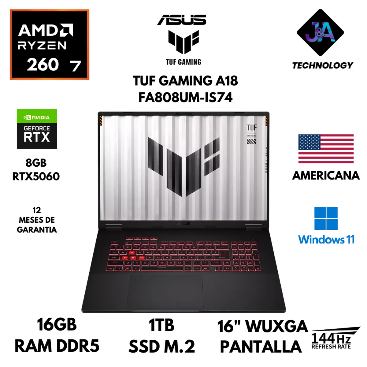 ASUS - LAPTOP ASUS TUF GAMING A18 FA808UM AMD R7 260 16GB 1TB SSD 8GB RTX5060 18" WUXGA WIN 11 AMERICANA