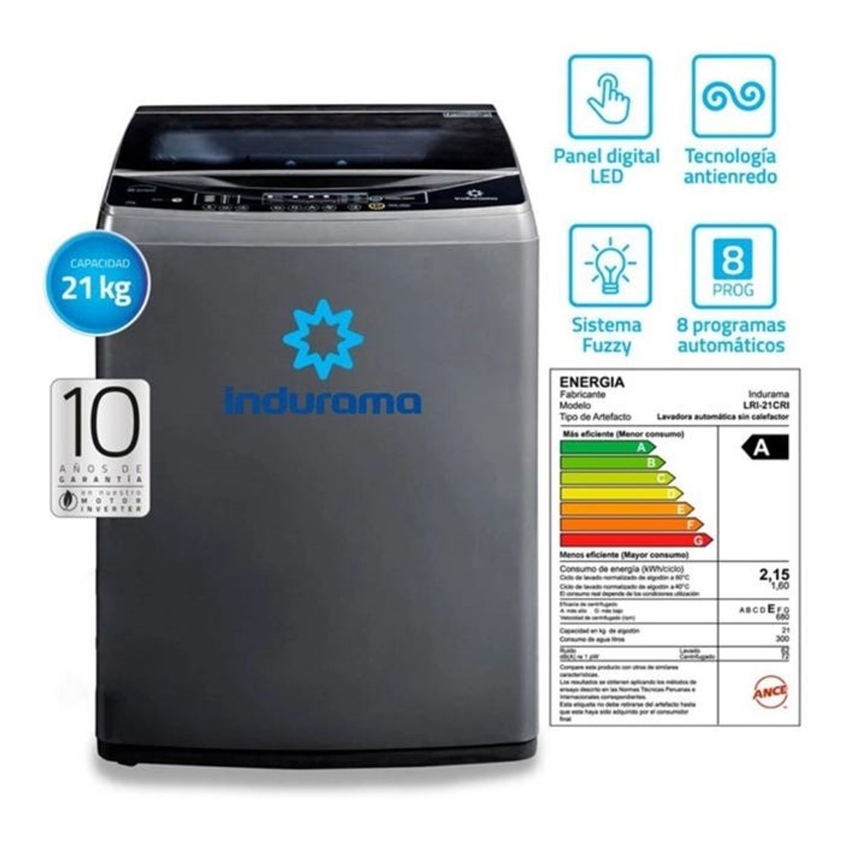 INDURAMA - Lavadora Digital Indurama 21Kg Carga Superior LRI-21CRI