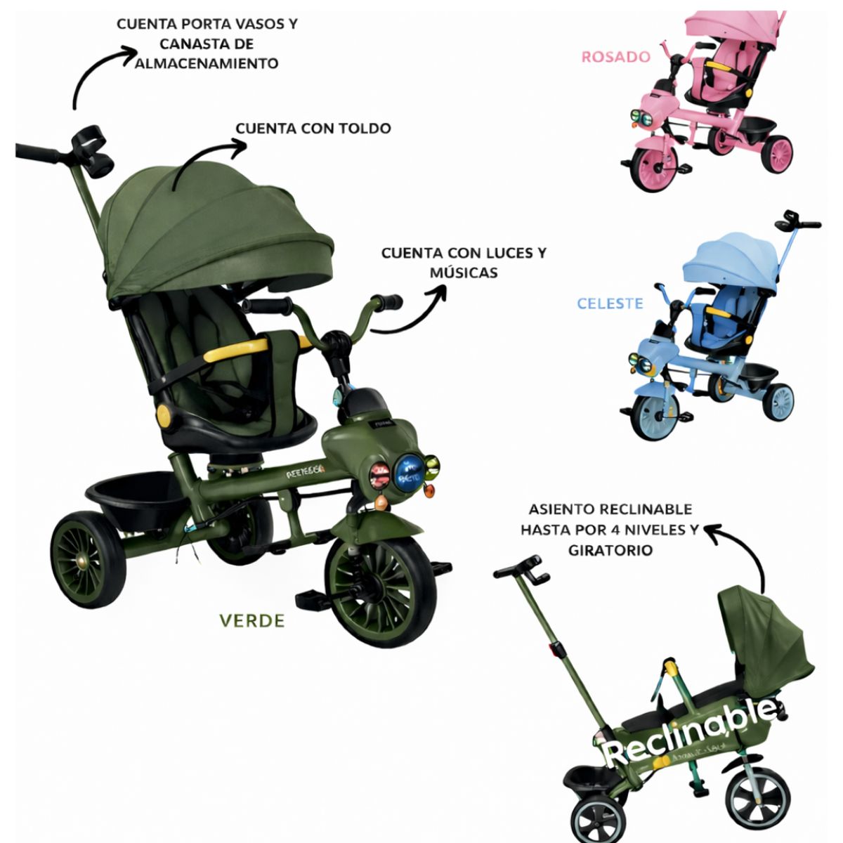 GENERICO - Triciclo Guiador Para Niño Plegable 2 en 1 Verde