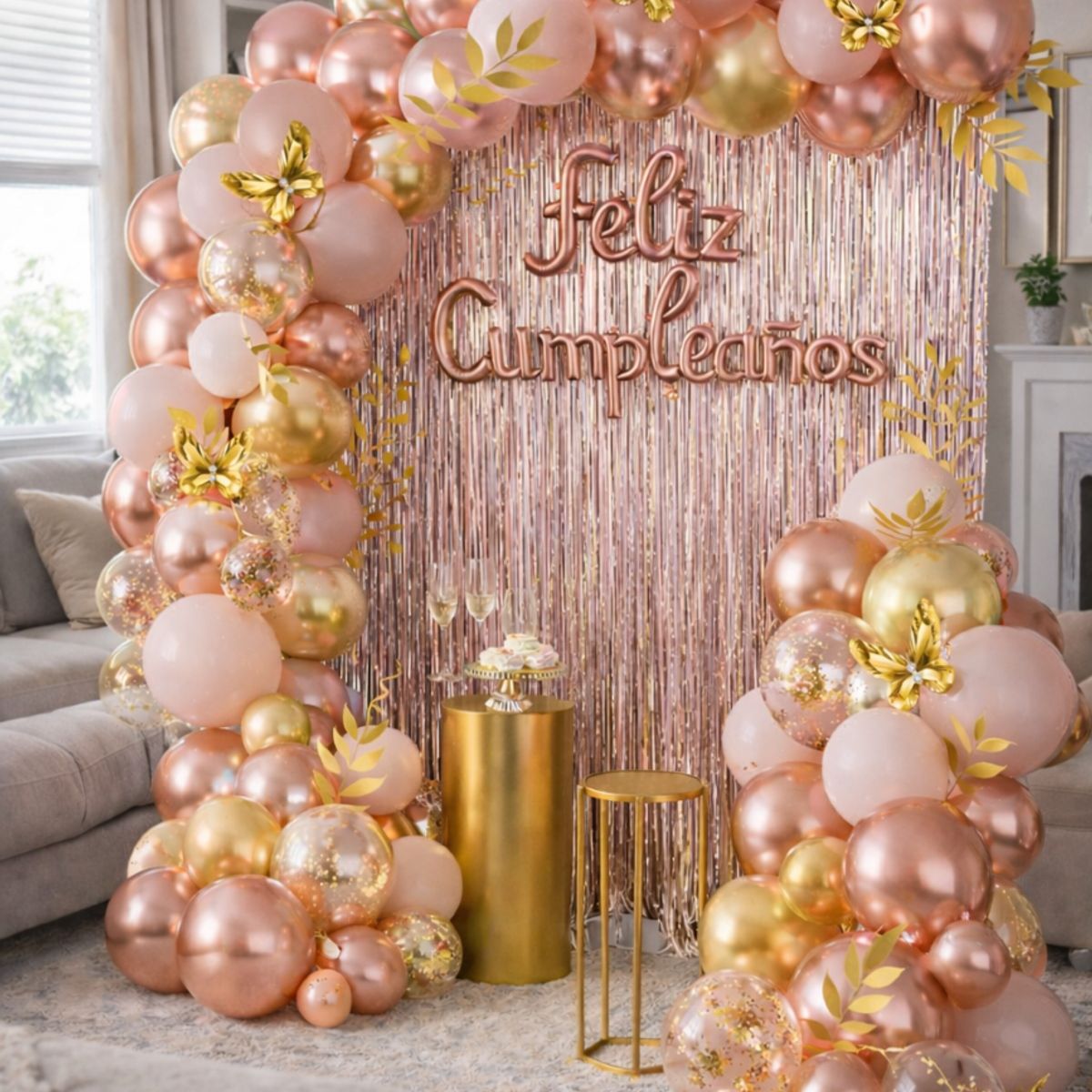 GENERICO - KIT PREMIUM  - Decoracion para fiesta Palo Rosa con Dorado 74PC