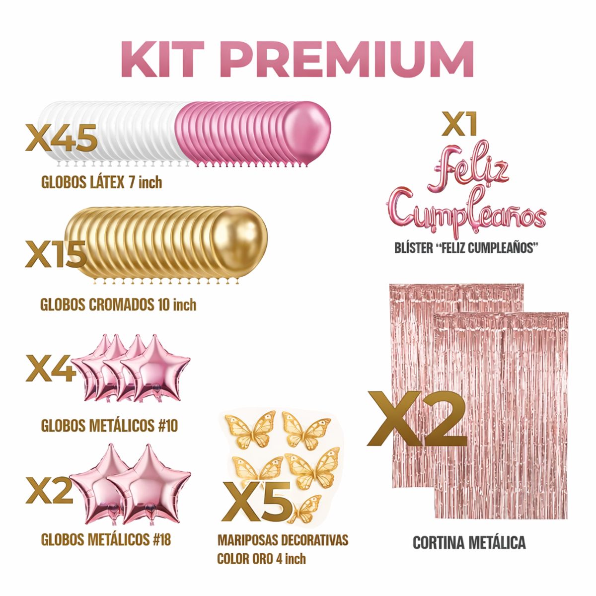 GENERICO - KIT PREMIUM  - Decoracion para fiesta Palo Rosa con Dorado 74PC