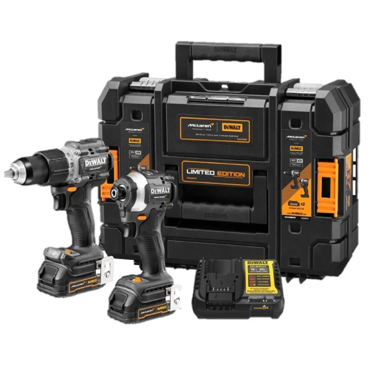 DEWALT - Taladro Percutor 12 + Atornillador de Impacto 14 Hex 20V Brushless Dewalt x McLaren DCK200ME2GT