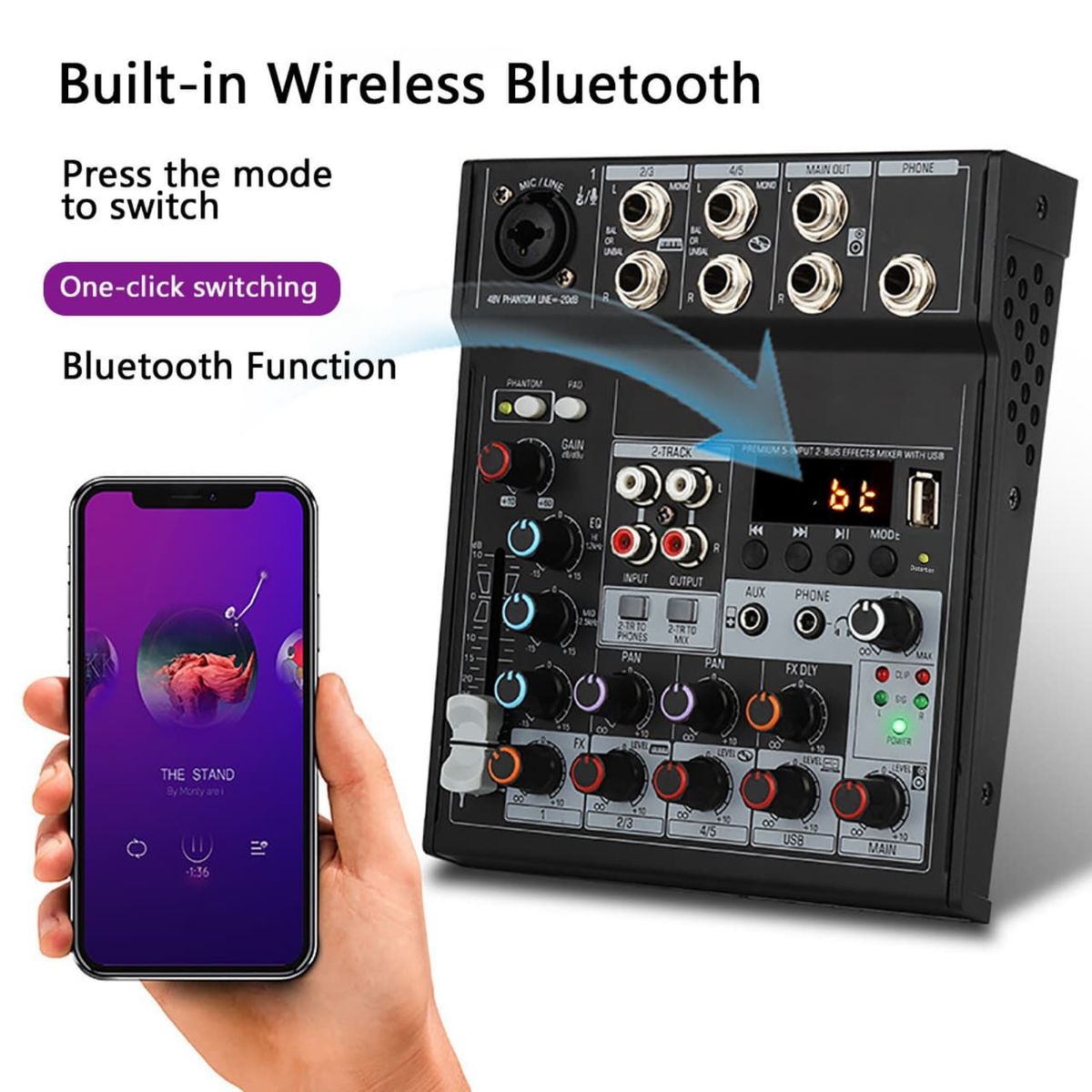OEM - Mezclador de Audio Profesional de 5 Canales con Bluetooth, USB, Interfaz de PC y Phantom Power 48V