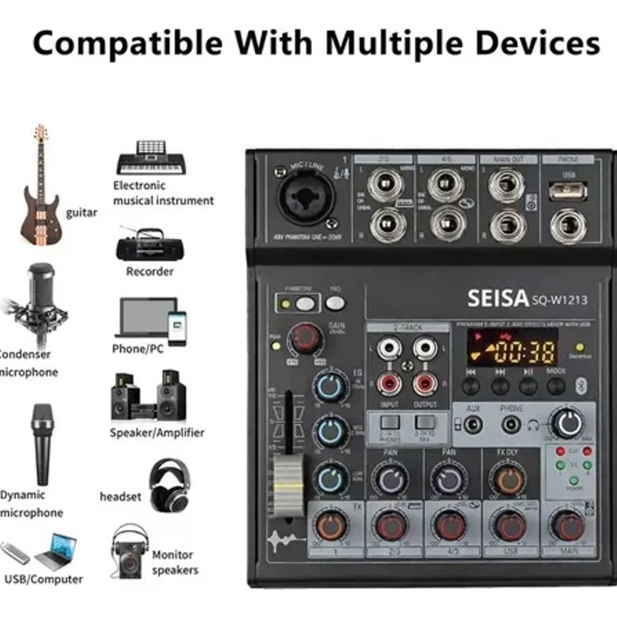 OEM - Mezclador de Audio Profesional de 5 Canales con Bluetooth, USB, Interfaz de PC y Phantom Power 48V