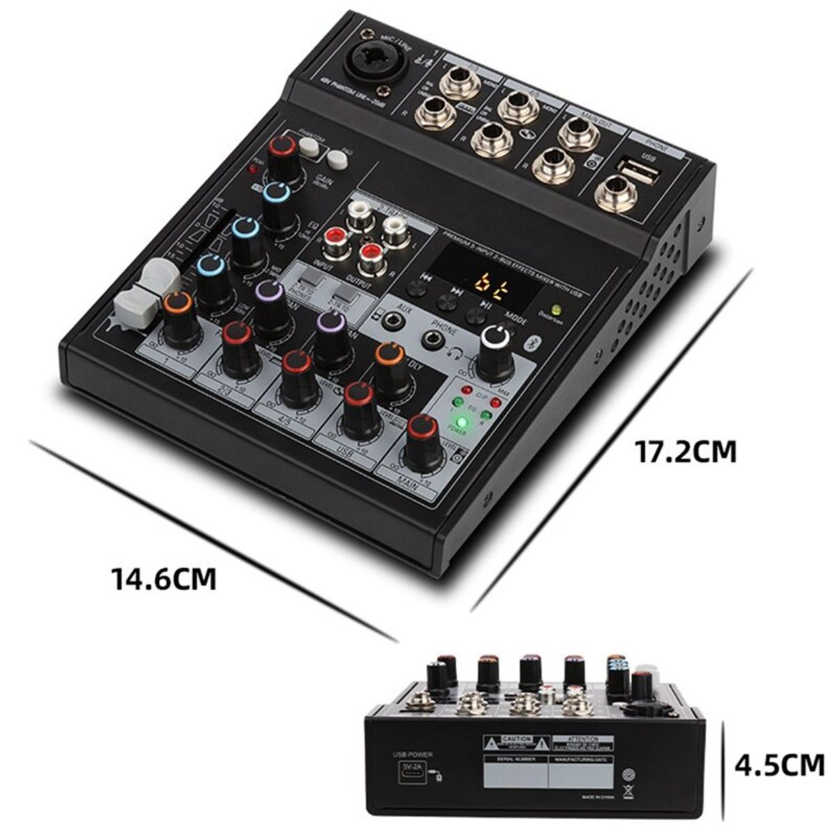 OEM - Mezclador de Audio Profesional de 5 Canales con Bluetooth, USB, Interfaz de PC y Phantom Power 48V