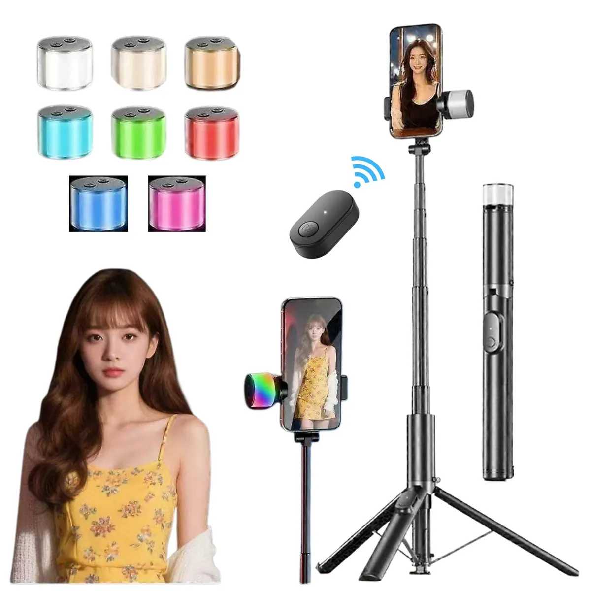 SEISA - Tripode Palo Selfie Stick 190cm con  Luz LED  Control Remoto Bluetooth Luz LED  para Creadores Live Streaming