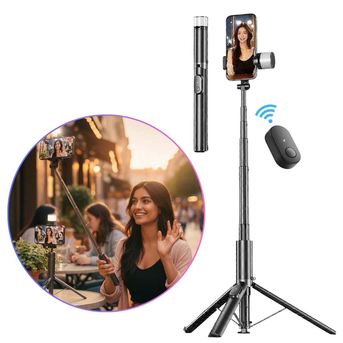 SEISA - Tripode Palo Selfie Stick 190cm con  Luz LED  Control Remoto Bluetooth Luz LED  para Creadores Live Streaming