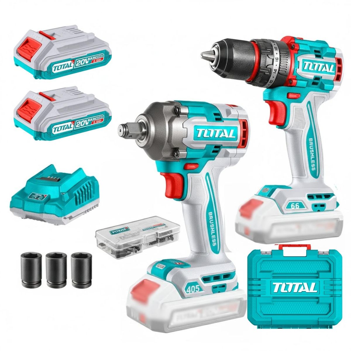 TOTAL - Combo taladro percutor 66nm + llave de impacto 405nm Total