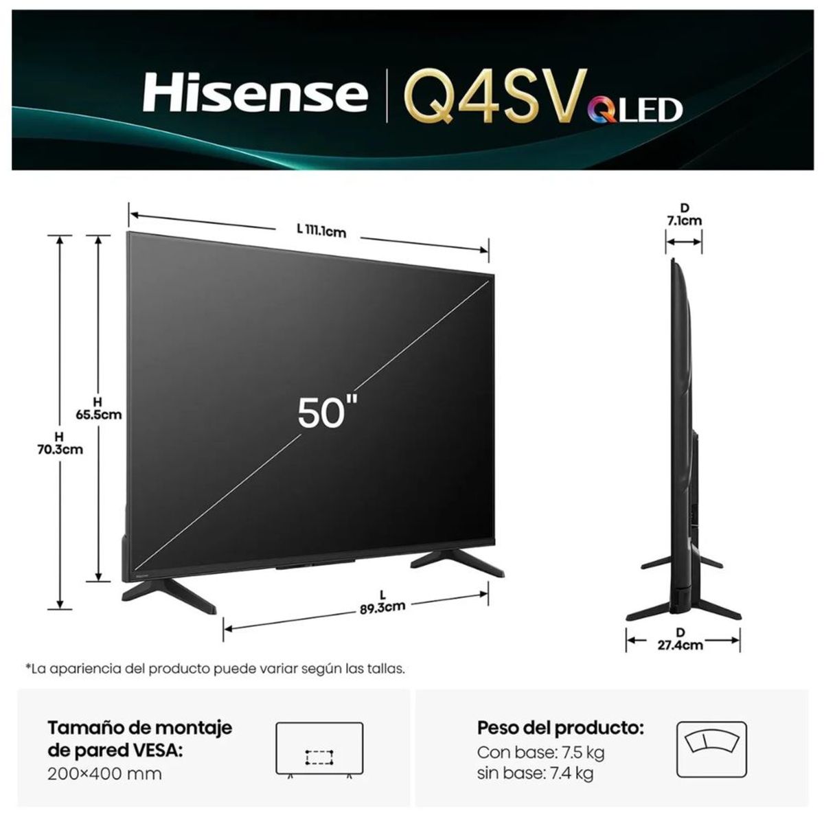HISENSE - TELEVISOR HISENSE 50 QLED FHD 50Q4SV DOLBY AUDIO + ANTENA DIGITAL