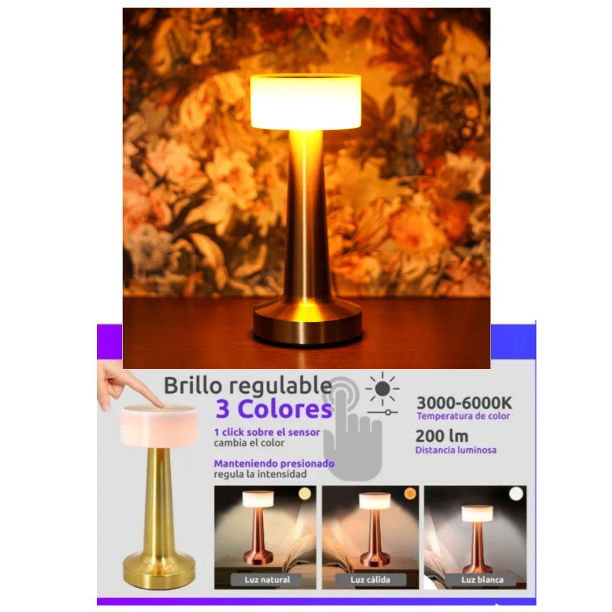 GENERICO - Lámpara Touch Elegante de Mesa Recargable Luz Cálida Fría Dorado