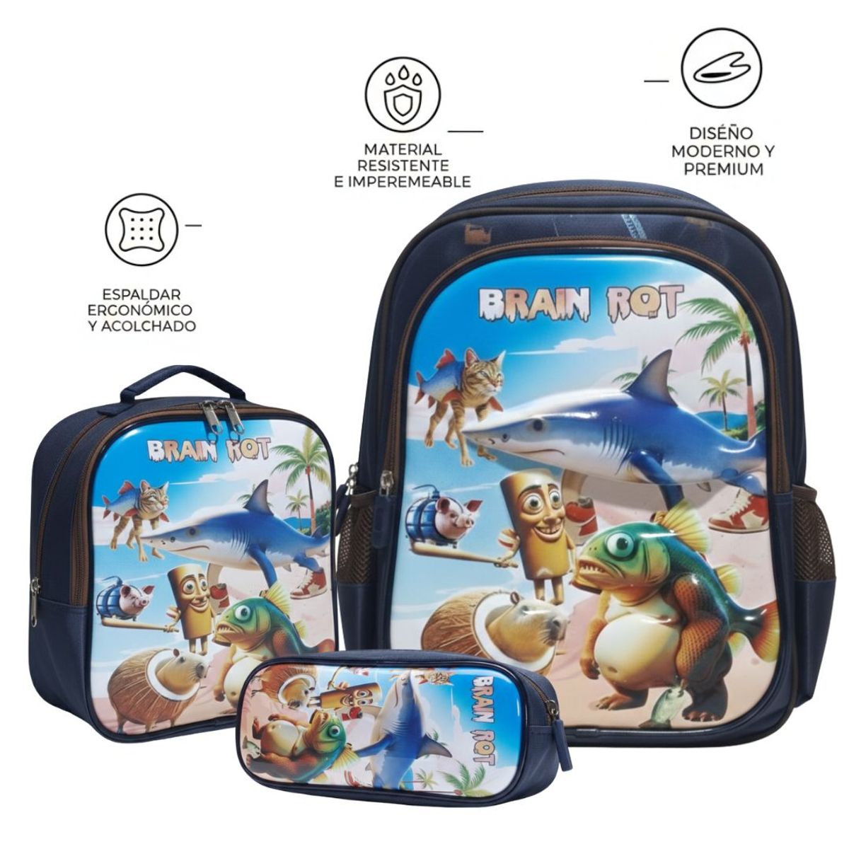 GENERICO - MOCHILA 3 EN 1 MULTIPACK PARA NIÑOS ESCOLAR TRALALERO TRALALA TRIPPI TROPPI