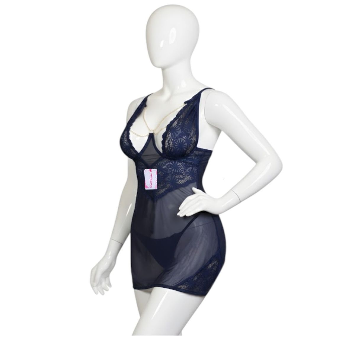 GENERICO - BABYDOLL LENCERIA DE ENCAJE SEXY CON MEDIAS AZUL ML