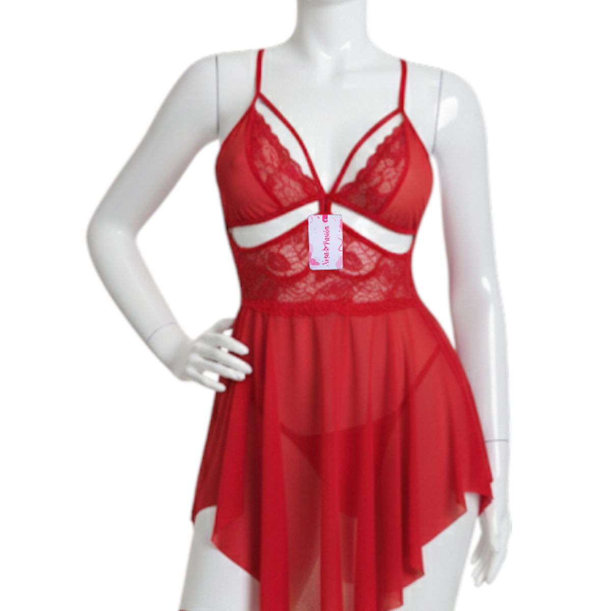 GENERICO - BABYDOLL LENCERIA DE ENCAJE ROJO CON MEDIAS PIJAMA SEXY