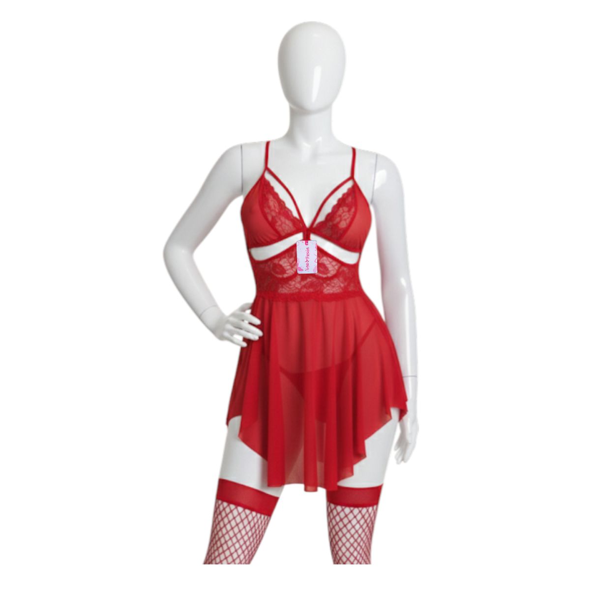 GENERICO - BABYDOLL LENCERIA DE ENCAJE ROJO CON MEDIAS PIJAMA SEXY
