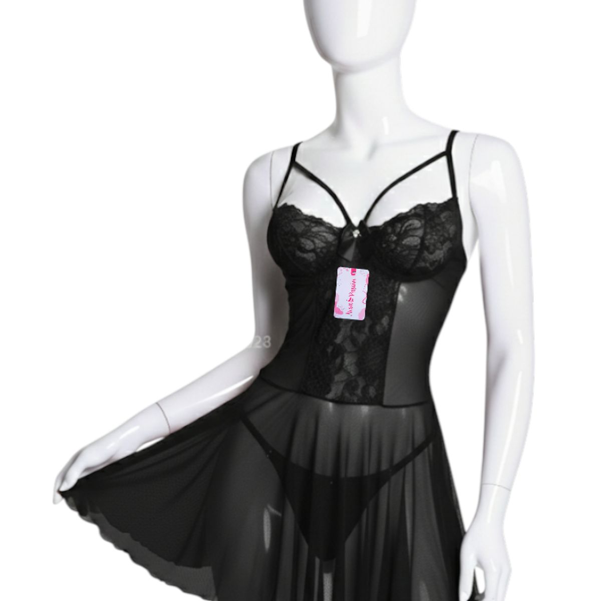 GENERICO - BABYDOLL LENCERIA DE ENCAJE NEGRO CON MEDIAS PIJAMA SEXY