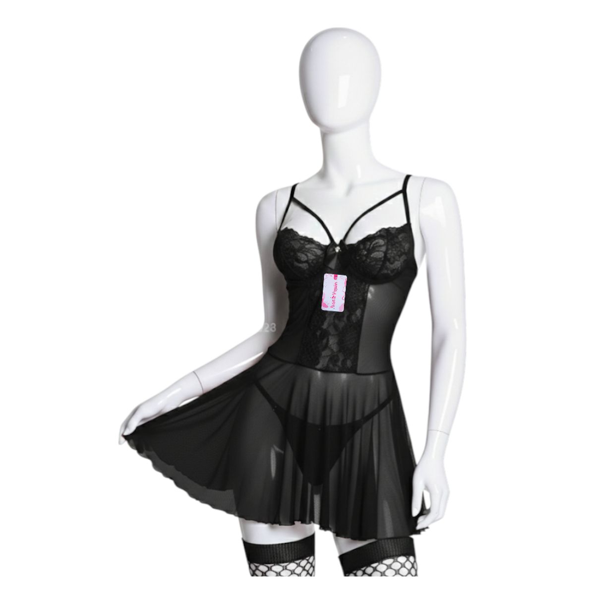 GENERICO - BABYDOLL LENCERIA DE ENCAJE NEGRO CON MEDIAS PIJAMA SEXY