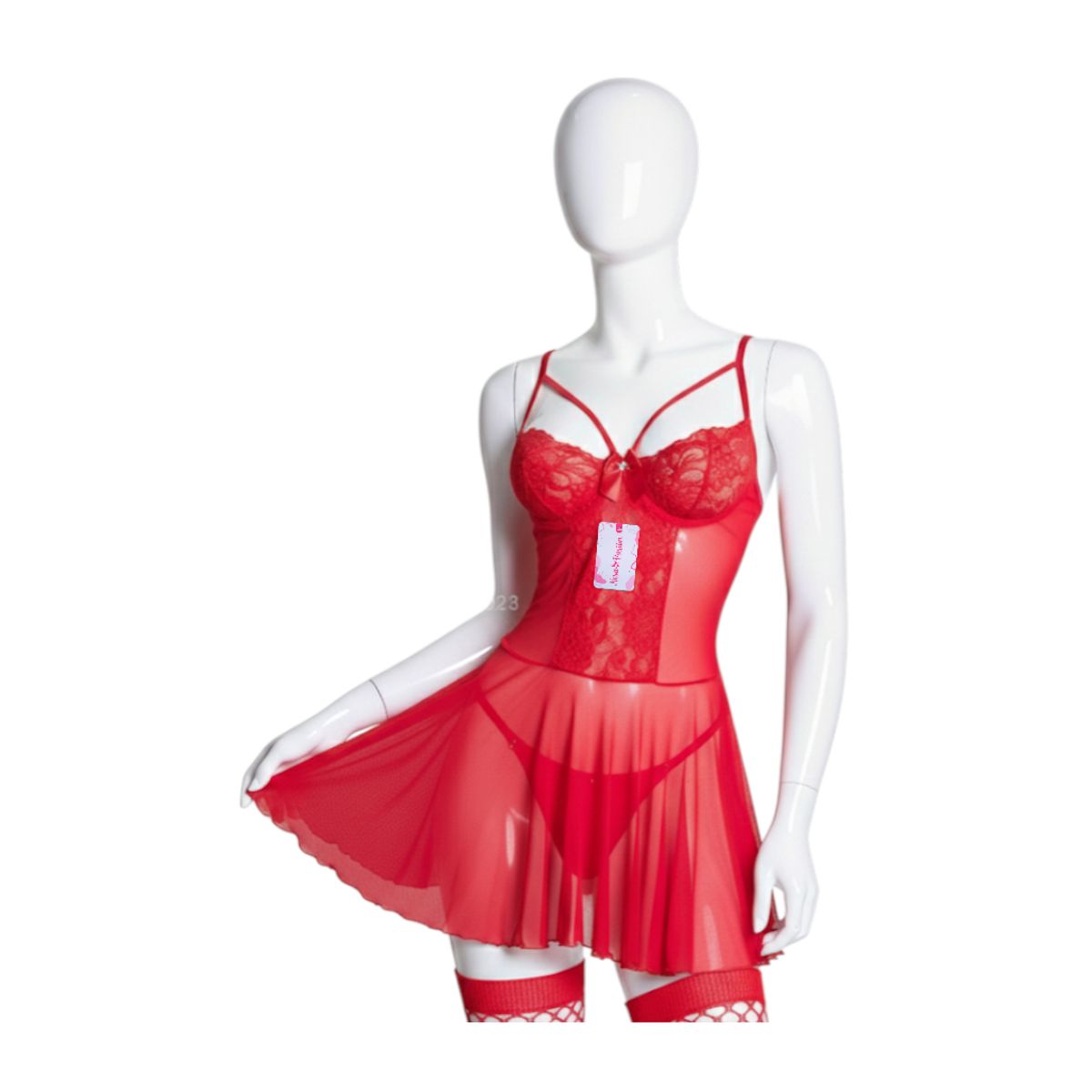 GENERICO - BABYDOLL LENCERIA DE ENCAJE ROJO CON MEDIAS PIJAMA SEXY