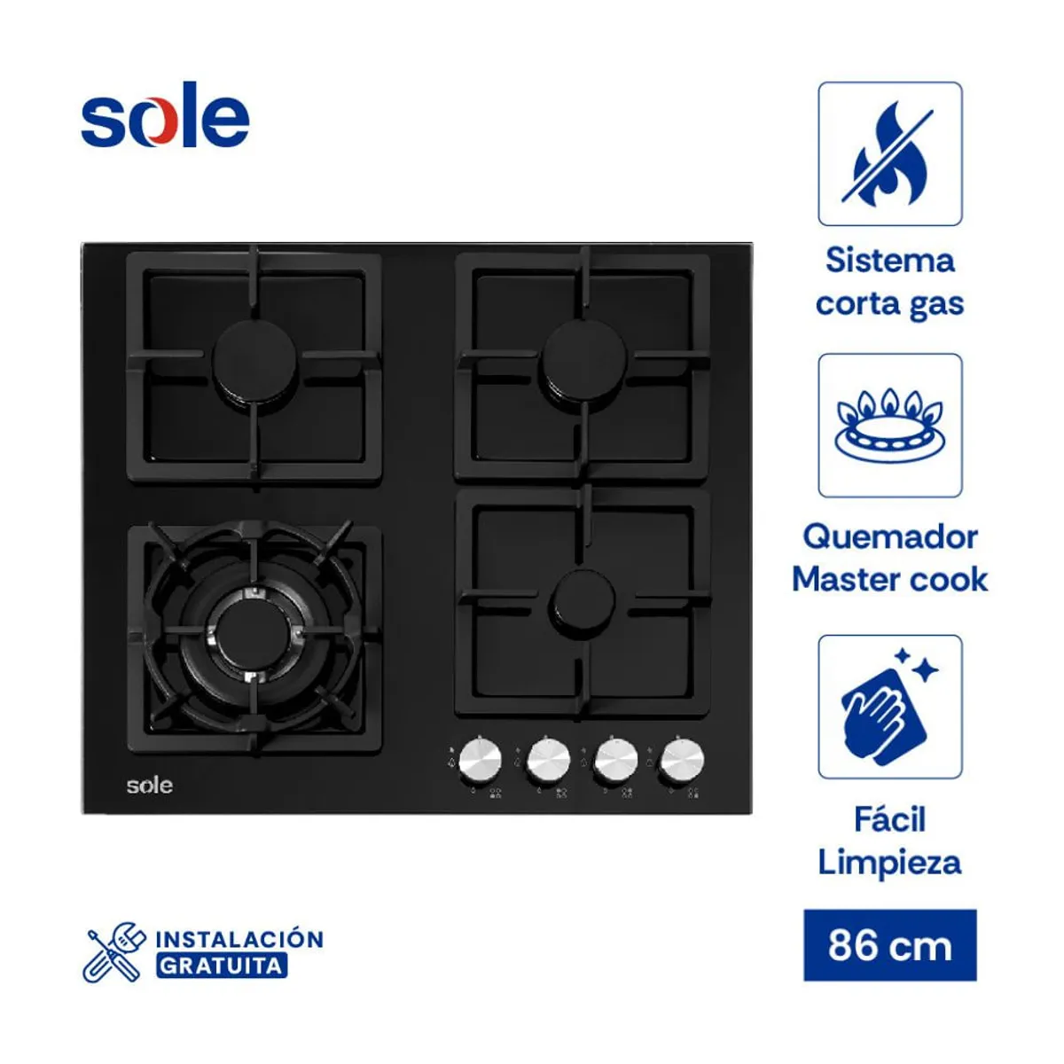 SOLE - Encimera Vidrio Templado Sole A Gas 59cm SOLCO040