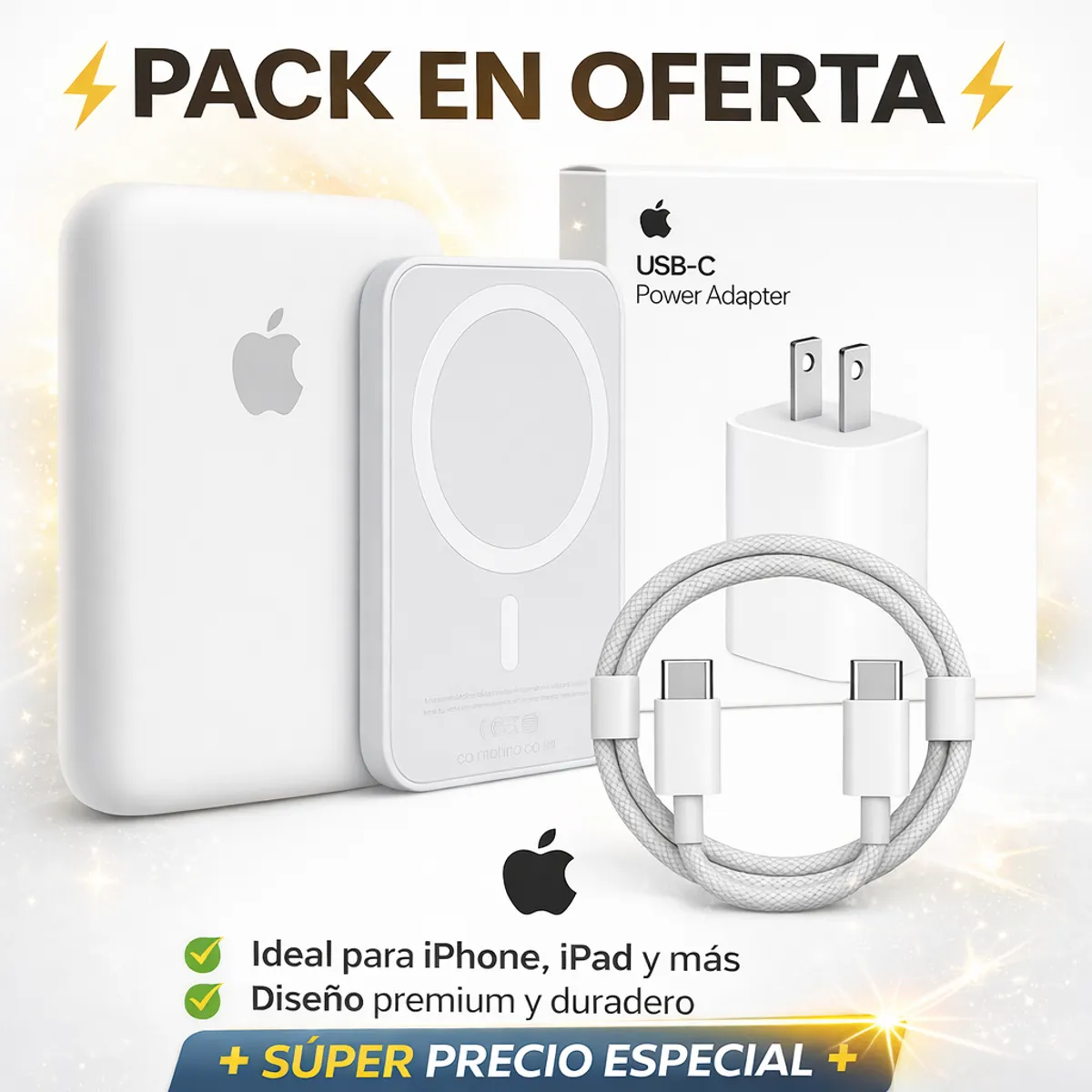APPLE - Combo MagSafe 20000mAh + Cargador 20W + Cable USB-C a C Trenzado