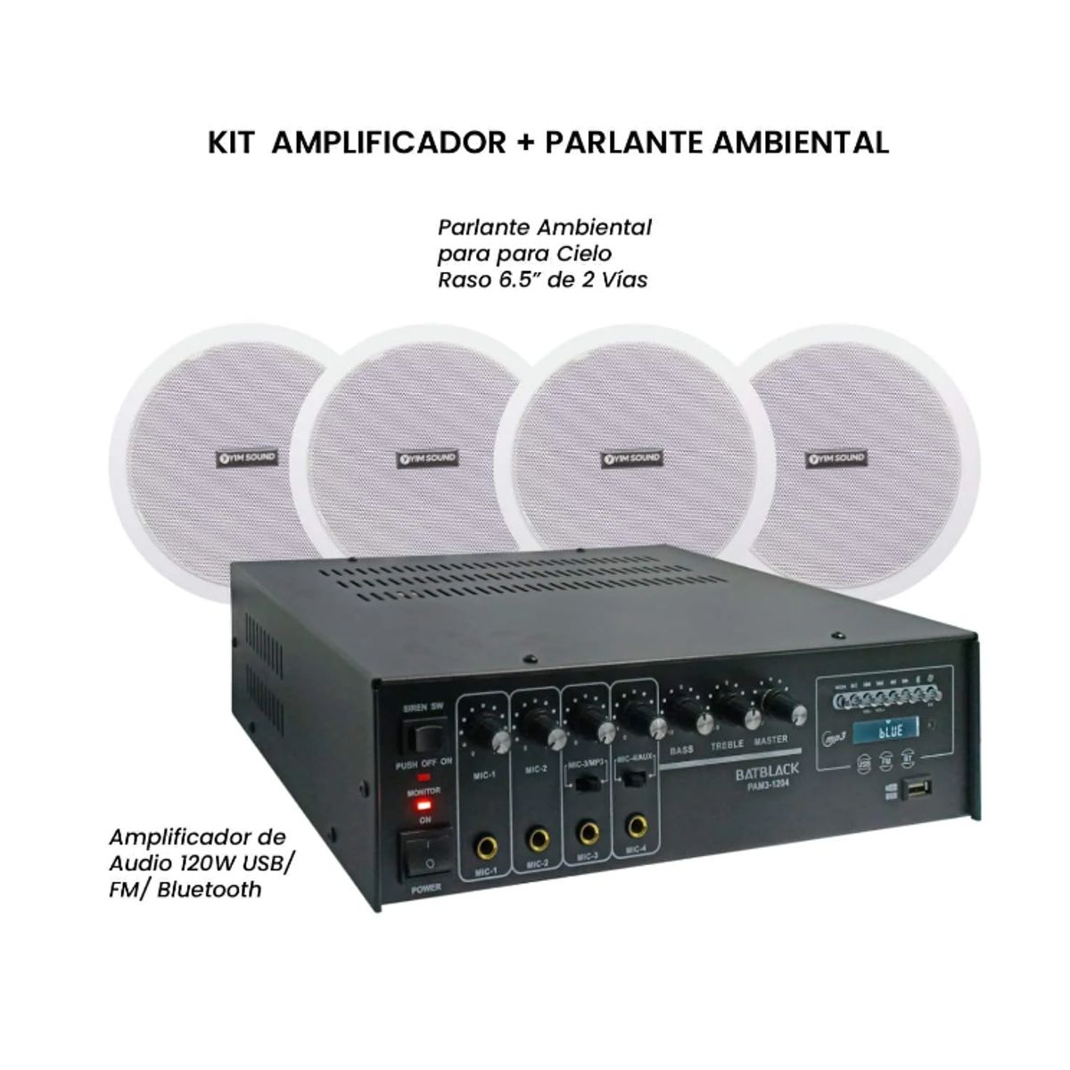 BATBLACK - Kit Amplificador de Audio 120W + Parlante Ambiental 65” KIT-PAM3-1204-1